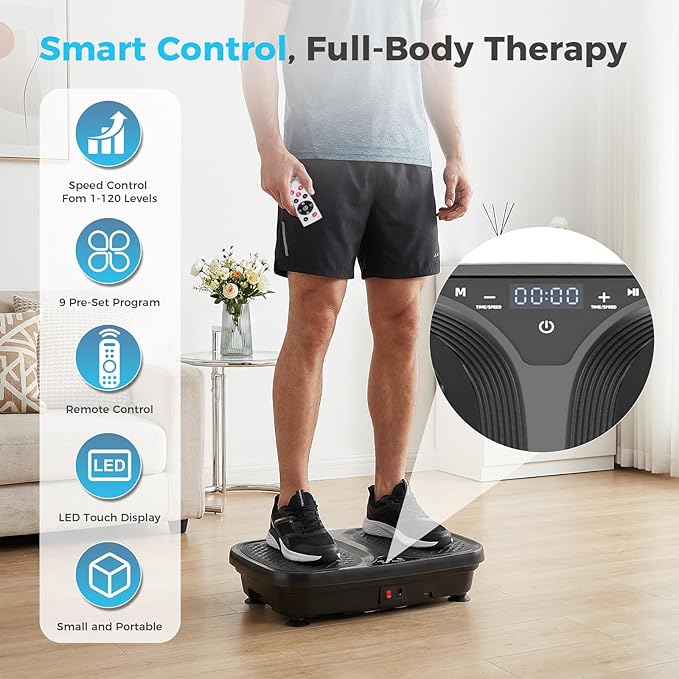 OLIXIS Vibration Plate Exercise Machine with 9 Auto Modes, Full Body Workout Vibrating Platform with LED Touch Screen & Pull Ropes for Weight Loss, Home Gym Fitness Equipment for Women Men