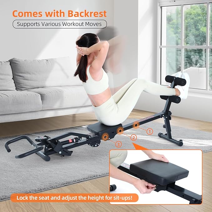 Sportneer Foldable Rowing Machine for Home, Hydraulic Rowing Machine with 12-Level Resistance - Multi Functional Row Machine Equipped with Caster & Backrest, Max 297lbs Weight Load