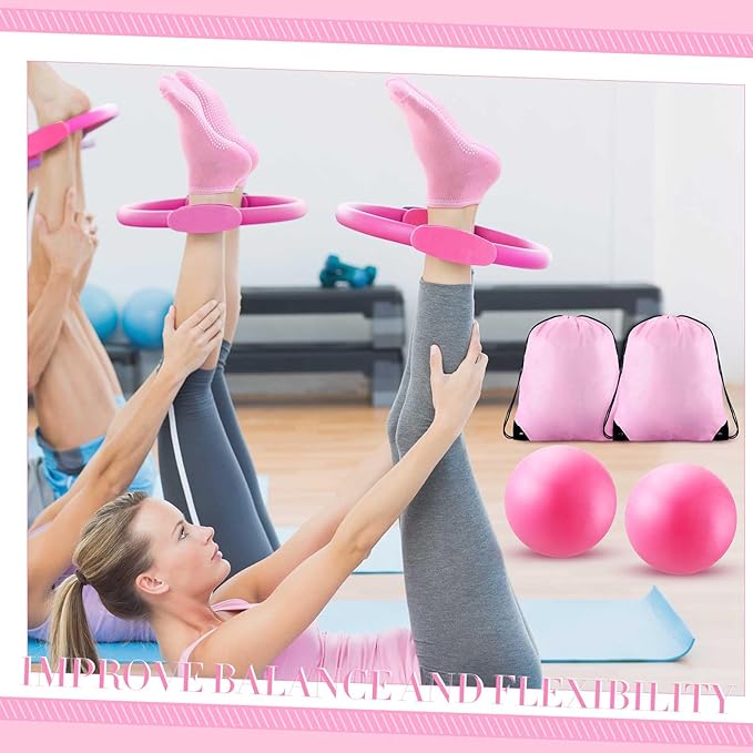 Poen Pilates Equipment Kit for Home Workout Pilates Ring and Ball Set for Women 12'' Circle Yoga Fitness Essentials Kit with Resistance Bands, Yoga Strap, Socks,Bag