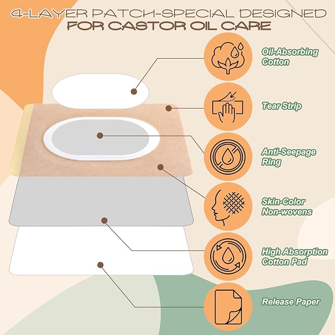 120 Pcs Disposable Castor Oil Patches Castor Oil Pack Wrap Self-Adhesive Patch Organic Cotton Pads for Belly Stomach Waist Neck Knee Button Various Styles Suitable for People of All Ages