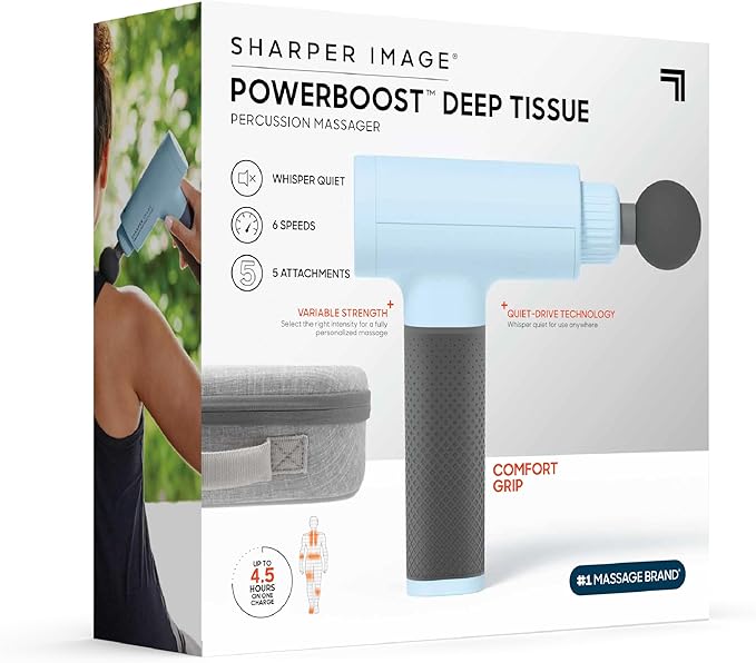 Sharper Image Deep Tissue Percussion Massage Gun, Powerboost Rechargeable Handheld Massager, 6 Adjustable Speeds, 5 Attachment Heads & Carrying Case, Full Body Muscle Pain Relief, Light Blue