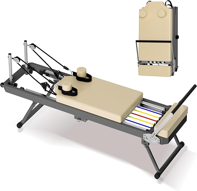 Pilates Reformer Machine for Home Gym, Foldable Pilates Machine Equipment with High Strength Alloy Springs for All Level Users, Up to 330lbs