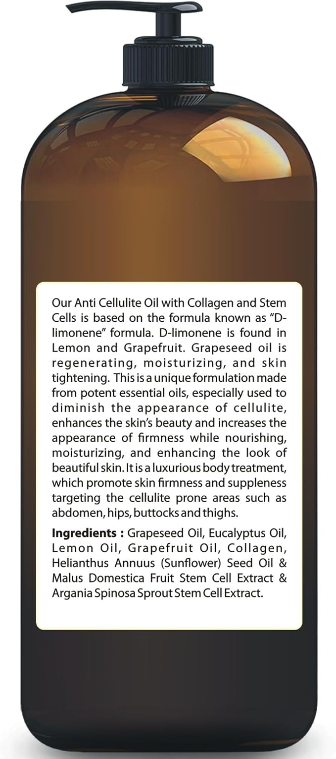 First Botany, Anti-Cellulite Massage Oil Infused with Collagen & Stem Cells - Natural Cellulite & Stretch Mark Treatment for Men & Women - 8 oz (Pack of 2)