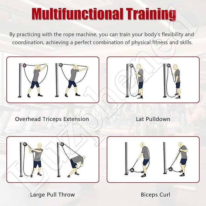Endless Rope Trainer, Portable Cable Pulley System, Adjustable Tricep Rope Attachment with 330lb Load Capacity, 30kg Max Resistance for Full Body Workout & Strength Training Black