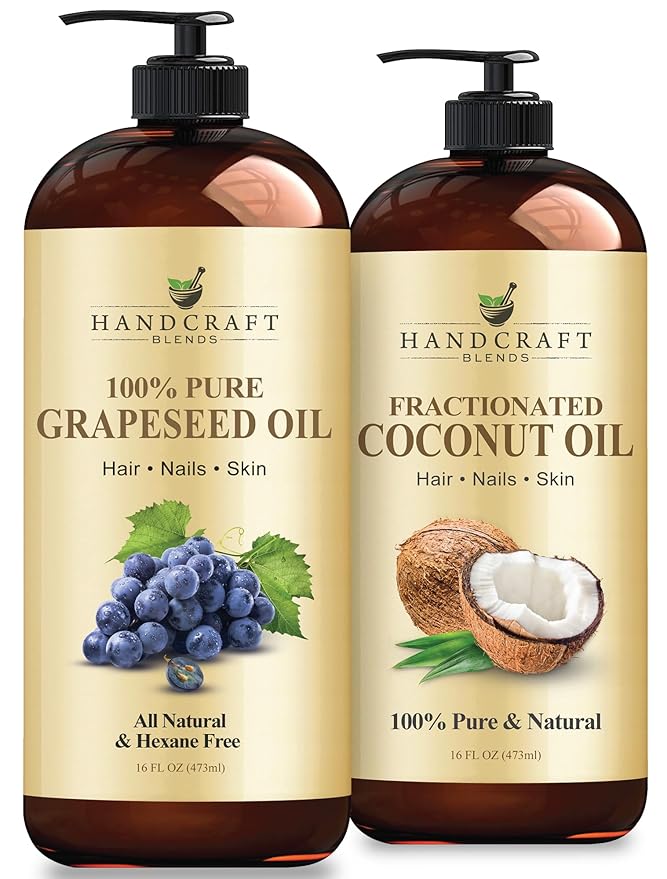 Handcraft Blends Professional Massage Set: Fractionated Coconut Oil and Grapeseed Oil – (2 x 16 Fl Oz) – 100% Pure & Natural – Premium Carrier Oils for Massage Therapy and Skin Care