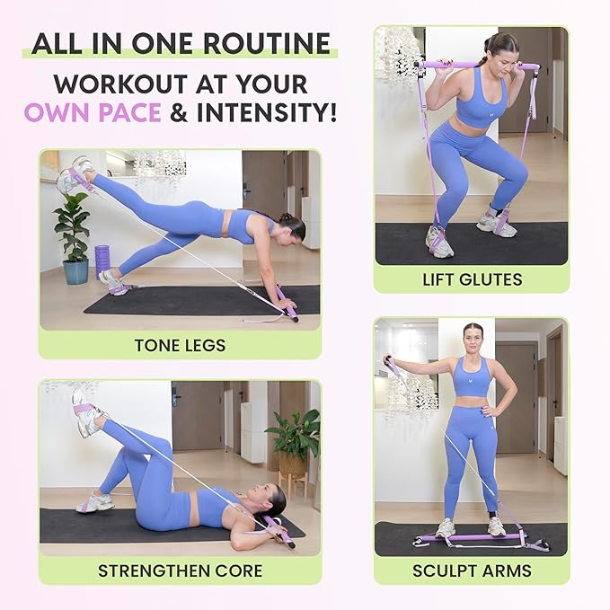 Portable Pilates Bar Kit with Resistance Bands (20, 30, 40, 50 LBS) – Adjustable Home Workout Equipment with 8 Week Training Program – Full Body Fitness Bar for Pilates, Strength Training