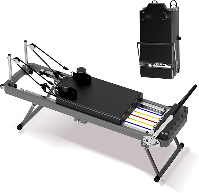 Pilates Reformer Machine, Foldable Pilates Reformer Machine Equipment for Home and Gym, with Dual Resistance, Springs and 5 Cords, Up to 330 lbs