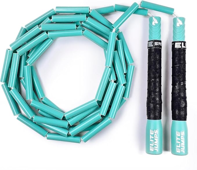 Elite Jumps - Heavy Beaded Jump Rope - 6.5oz Weighted Jump Rope for Women - Durable & Heavy Resistance - 10ft Long Adjustable Rope - Tangle-Free - Shatterproof 2” Beads - Long 8” Handles