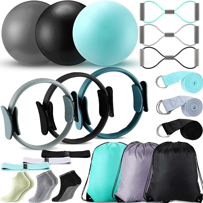 Poen Pilates Equipment Kit for Home Workout Pilates Ring and Ball Set for Women 12'' Circle Yoga Fitness Essentials Kit with Resistance Bands, Yoga Strap, Socks,Bag