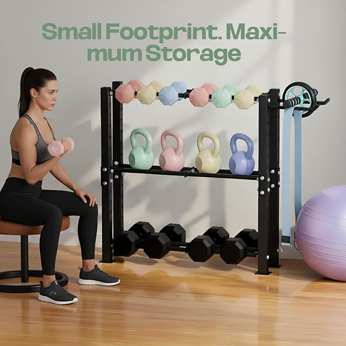 3-Tier Dumbbell Rack for Women, Aesthetic Home Gym Storage for Weight Set, Kettlebells & Yoga Ball, Versatile Workout Equipment Organizer with Side Hooks, Space-Saving