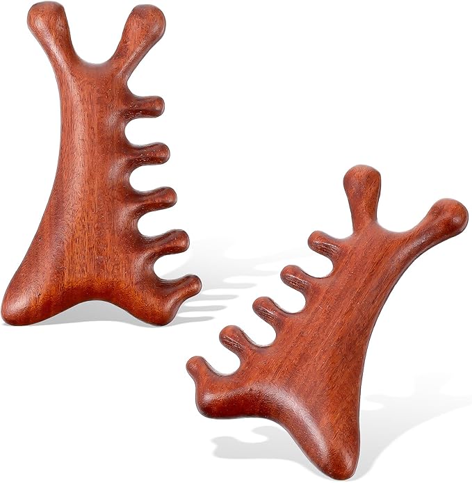 4 in 1 Natural Sandalwood Gua Sha Massage Tool, Face Eye Neck & Body Meridian Therapy Tool for Relaxation Lymphatic Drainage Massage Comb for Home Office Travel