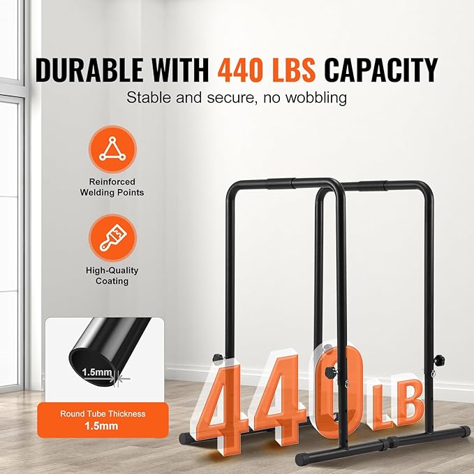 Happybuy Dip Bars, 440 lbs Capacity, Heavy-Duty Adjustable Height Dip Stand for Fitness Workouts, Stabilizer Parallette Push-Up Stand, Parallel Bars for Strength Training at Home Gym