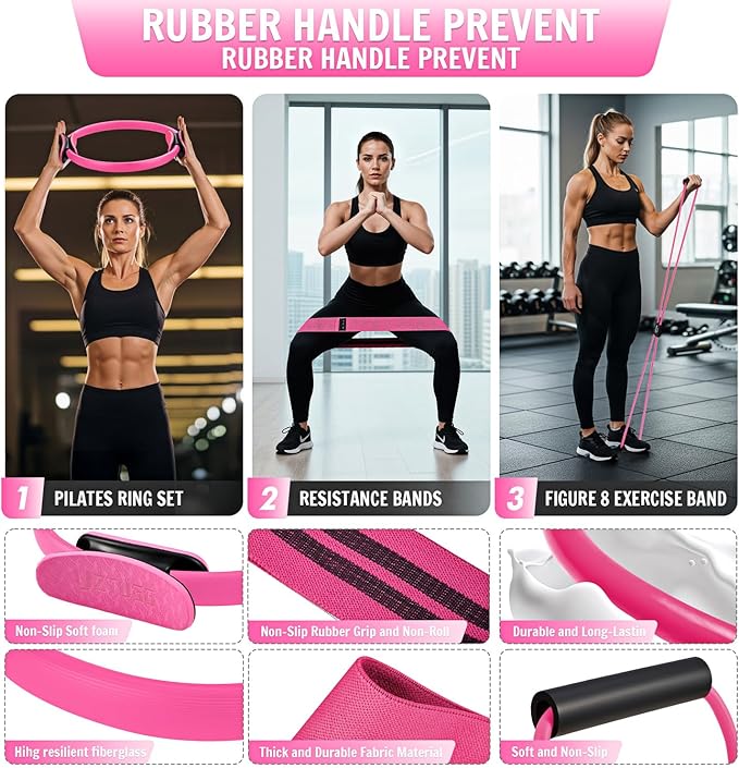 UZTUGG Pilates Equipment Kit at Home for Women, 4-in-1 Workout Essential Set with Pilates Ring, Fabric Resistance Bands, Figure 8 Resistance Band, Pilates Ball–Full Body Toning, Yoga & Stretching