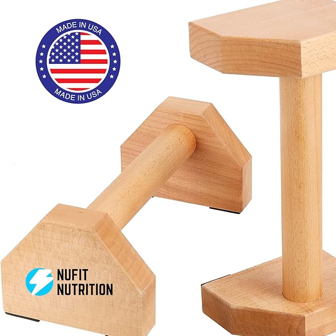NuFit Premium Push Up Bars & Wooden Parallettes, Non-Slip Beech Wood Calisthenics Bars for Wrist Support, Push Up Stands for Home/Gym Dips & L-Sits, Pack of 2