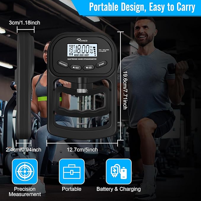 Ryaco Grip Strength Tester, 396lbs/180kg Rechargeable Exerciser Meter Digital Hand Dynamometer Grip Strength Trainer Electronic Hand Grip Strengthener with LCD Display for Sport Home School Use