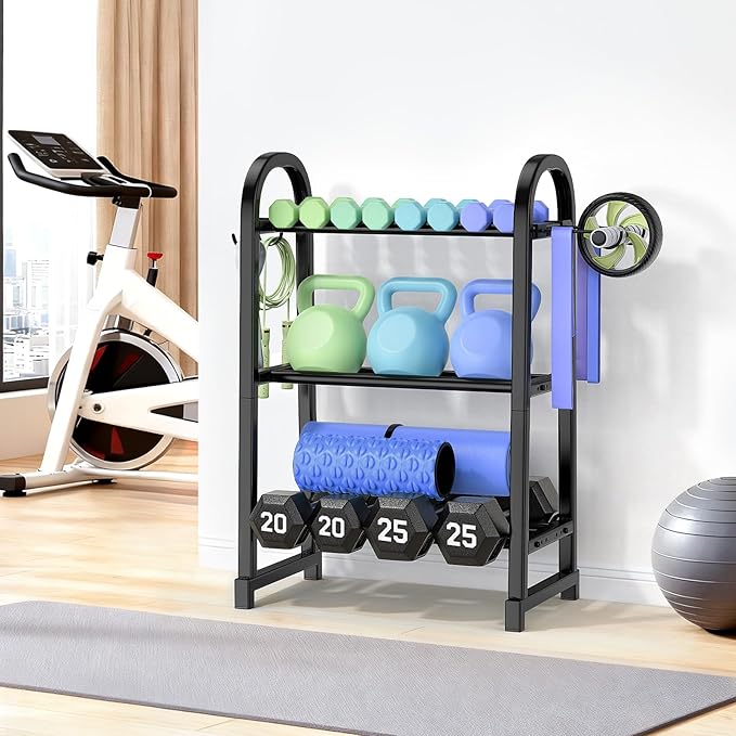 3 Tier Dumbble Rack - 360LB Capacity Adjustable Dumbbell Storage Rack Space-Saving Home Gym Weight Rack For Dumbbells And Kettlebells With Hooks (Dumbbell Rack Stand Only)