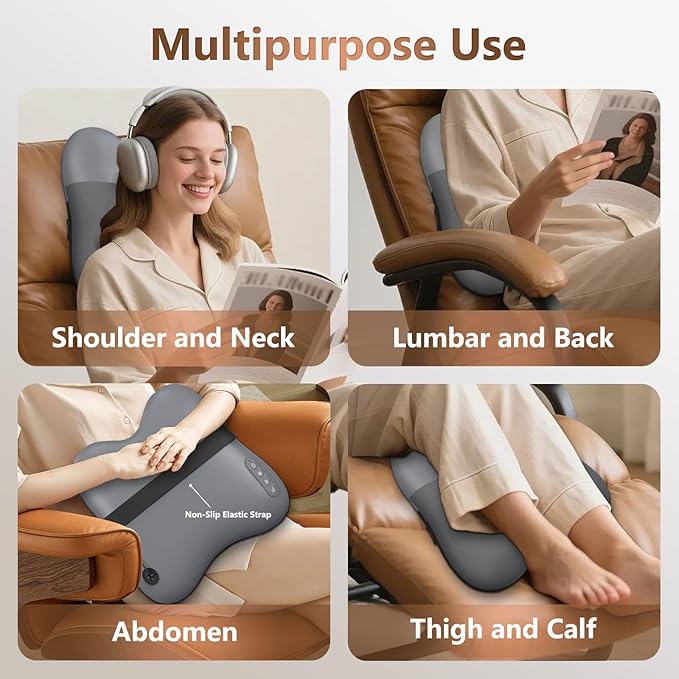 belhope Back Massager with Heat, Cordless Back Massage for Pain Relief Deep Tissue, 4D Shiatsu and Percussion Massage, Lower Back Massager for Office Chair, Mother's Day Gifts for Women Men, Grey