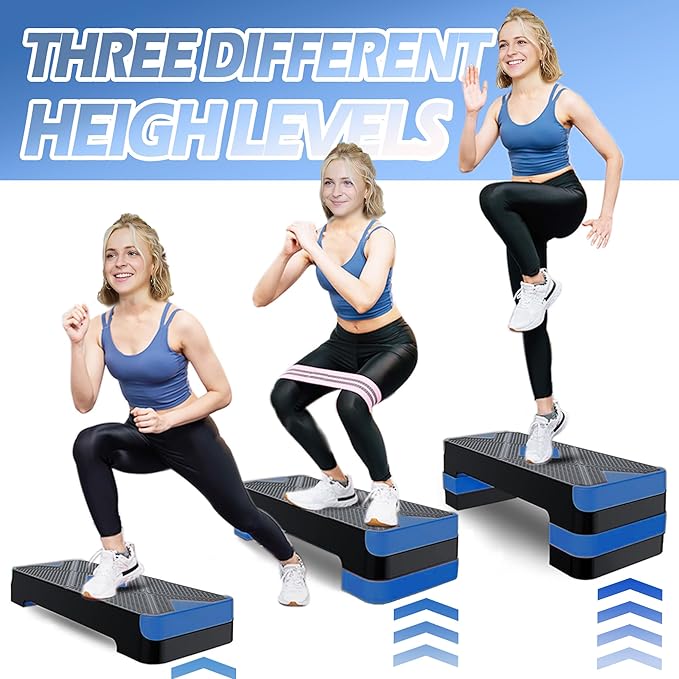 Adjustable Aerobic Exercise Step- Workout Step Platform, 26.5" Step Deck with 4", 6", 8" Height Risers, Women's Home Gym Fitness