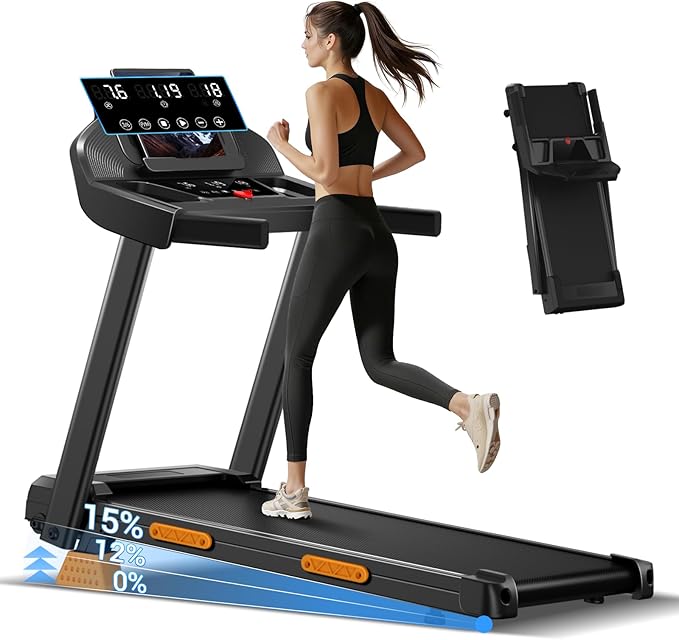 15% Incline Treadmills for Home, 3.0HP Folding Walking Pad with 400LBS Weight Capacity, Portable Treadmill with Handrails, 3 LED Displays