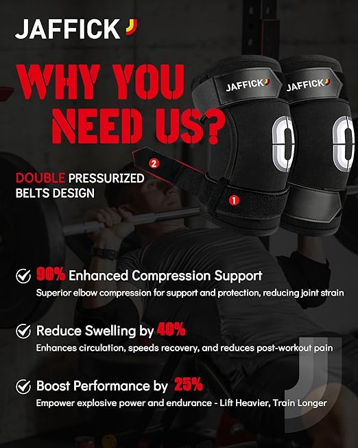 Jaffick Weightlifting Elbow Brace(1 Pair) - Elbow Sleeve with Dual Adjustable Compression Straps for Bench Press, Powerlifting, Pressing, Men & Women (Black, L)