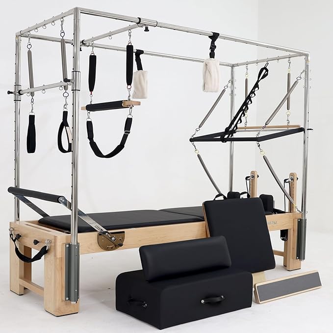 Pilates Reformer, Pilates Reformer Machine, Pilates Equipment for Home and Studio, Black Ultrafine Leather, Adjustable Resistance System