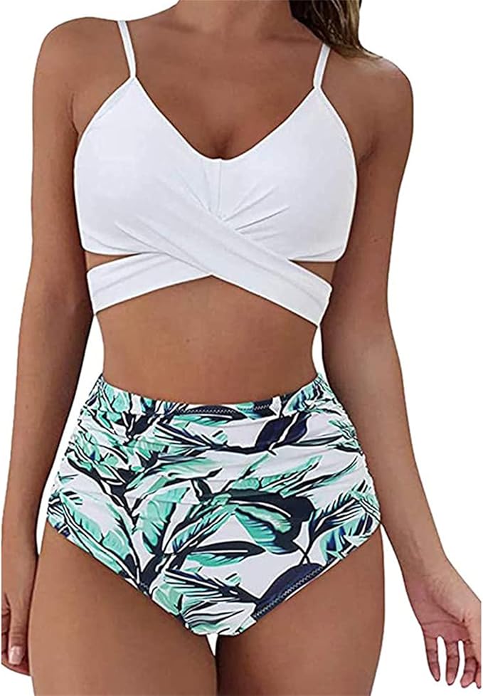 Womens Front Cross Ruched Bikini Set Twist Wrap Swimwear High Waisted Bottoms Print Straps Push Up Swimsuits