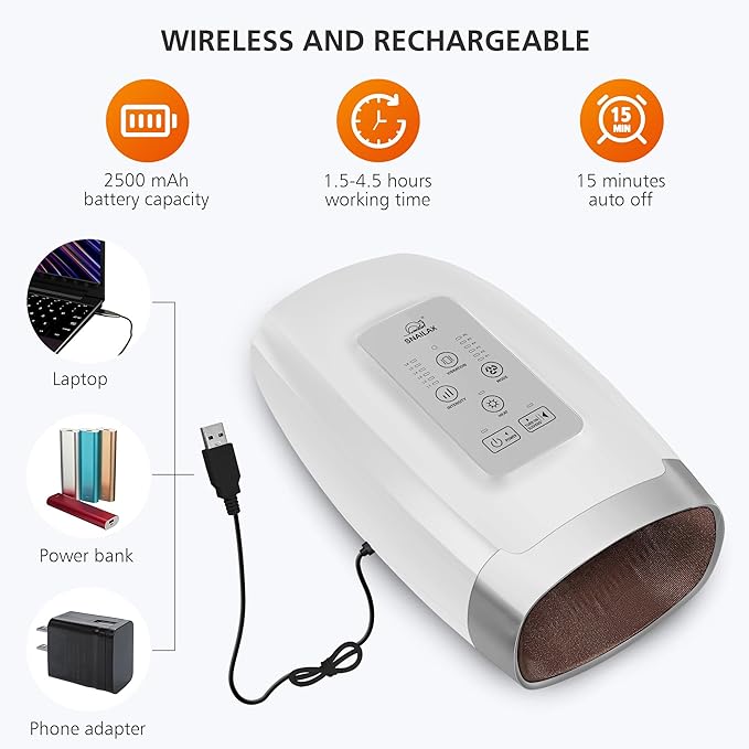 Snailax Cordless Hand Massager Machine,Electric Hand Massager with Heat,Vibration, Compression, White