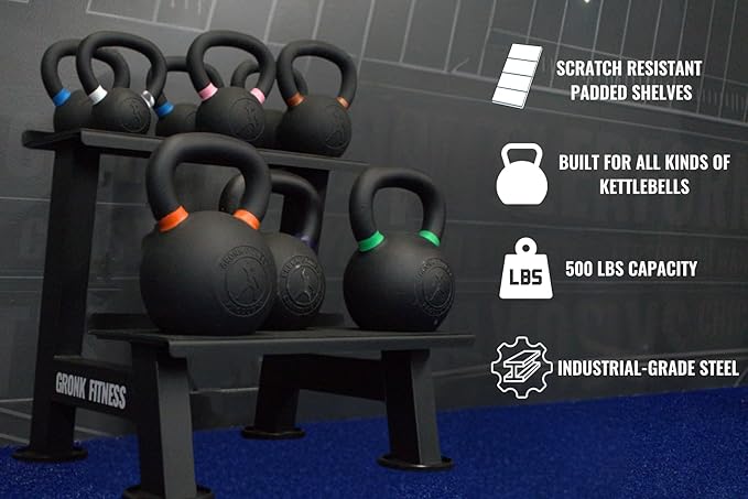Gronk Fitness Kettlebell Rack | 2-Tier Heavy-Duty Weight Storage Shelf for Home Gym | Scratch-Resistant Padded Shelves | Organize Kettlebells, Dumbbells, and Gym Equipment | Easy Assembly