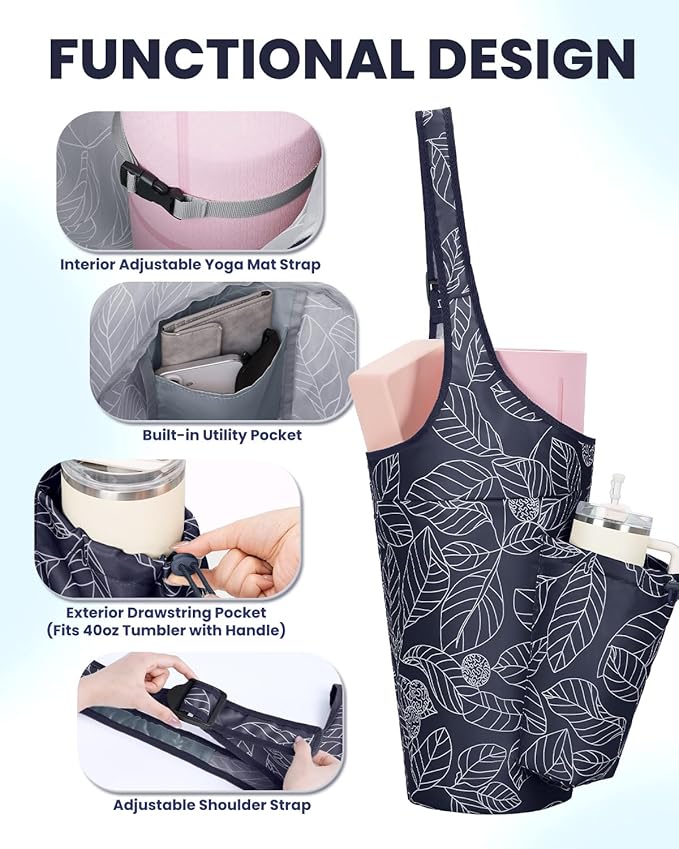 sportsnew Yoga Mat Bag for Women with Drawstring Pocket & Inner Pocket, Large Opening Yoga Mat Carrier for Quick Access, Adjustable Shoulder Strap, Fits 1/4" & 1/2" Thick Mats for Workout, Gym, Pilate