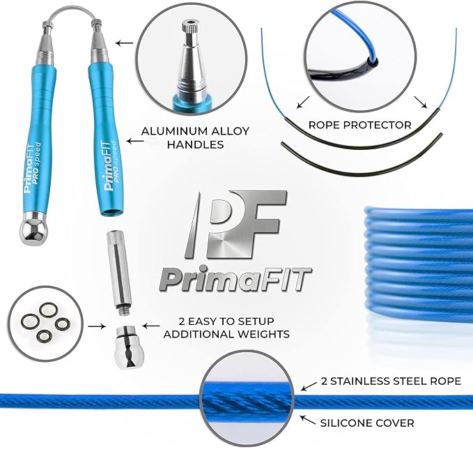 PrimaFIT Jump Rope Pro Speed Skipping Rope Adjustable Adult Jumping Rope Weighted Aluminium Handles for Double Dutch Boxing Workout Crossfit Exercise Fitness Spare Cable Weights Protectors Carry Bag