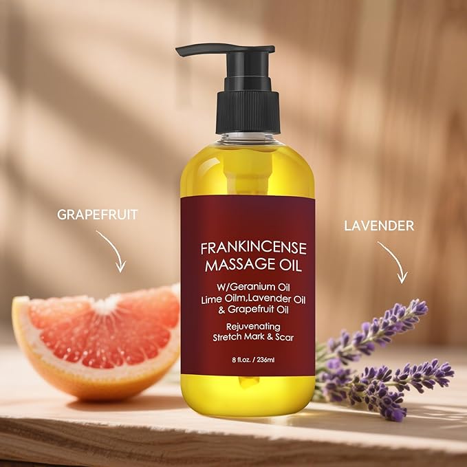 Frankincense Massage Oil for Women,Massage Therapy Oil for Soreness & Stiffness,Stretch Marks and Scars Body Oil for All Skin Types（8oz）