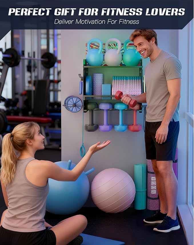 Dumbbell Rack with APP-Controlled LED Lights, Weight Rack for Home Gym Storage, Modern Perforated Wall-Mounted Organizer for Dumbbells, Weight Plates & Accessories, Space Saving