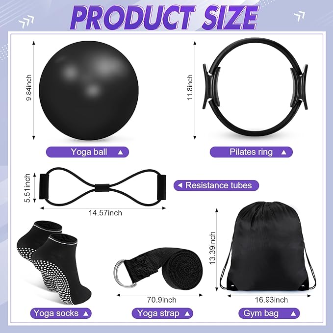 Poen 18 Pcs Home Pilates Ball and Ring Circle Set Yoga Fitness Essentials Kit with 5 Resistance Band Stretching Strap Non Slip Sock Ball Core Slider Wristband Headband Gym Bag for Women