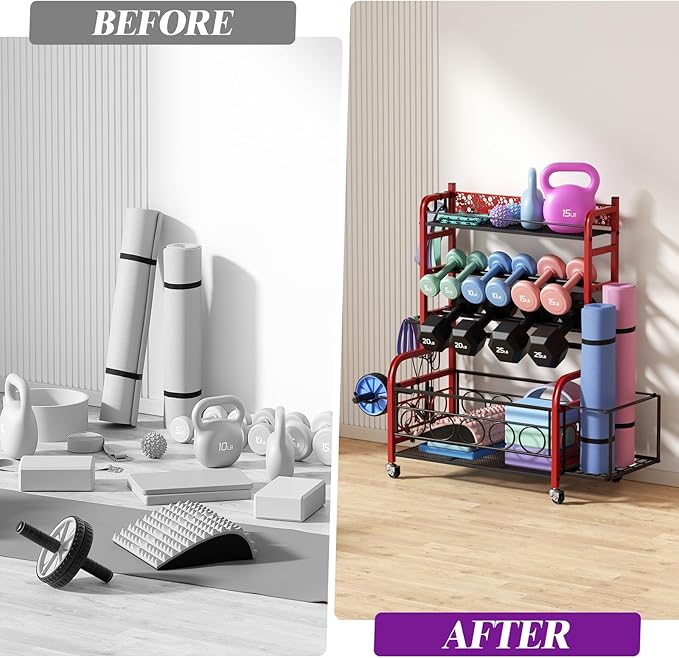 400LBS Dumbbell Rack, VOPEAK Adjustable Weight Rack for Home Gym, Home Gym Storage Rack for Yoga Mat Kettlebells and Strength Training Equipment, Weight Storage Rack for Dumbbells with Wheels