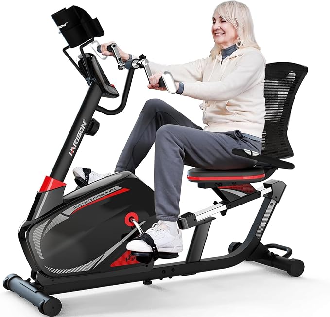 HARISON Exercise Bike 400 lbs Capacity, Easy Assembly Magnetic Recumbent bike for Adult and Seniors with Arm Exerciser , Recumbent Stationary bike for Home, 2 in 1 LCD Monitor and Tablet Holder (Same-day Shipping service）