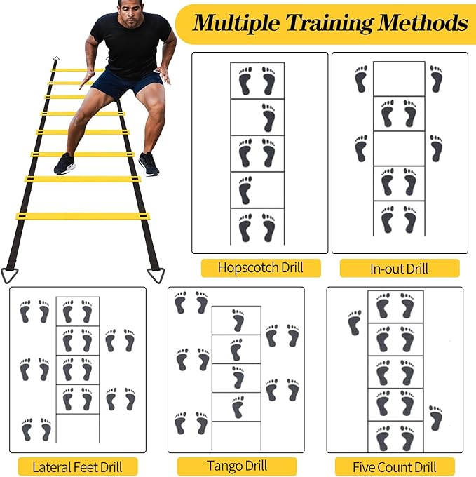 12 Rungs Agility Ladder Set, Training Ladder with Steel Stakes and Carry Bag for Soccer, Speed Fitness Feet Training