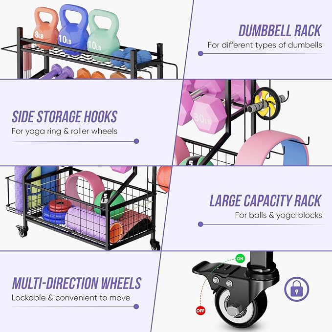 WUC Dumbbell Rack, Adjustable Weight Rack for Home Gym Storage, All-in-One Workout Storage Racks with Wheels and Hooks for Dumbbells, Kettlebells, Yoga Mats & Balls, Durable Powder Coated Steel, Black