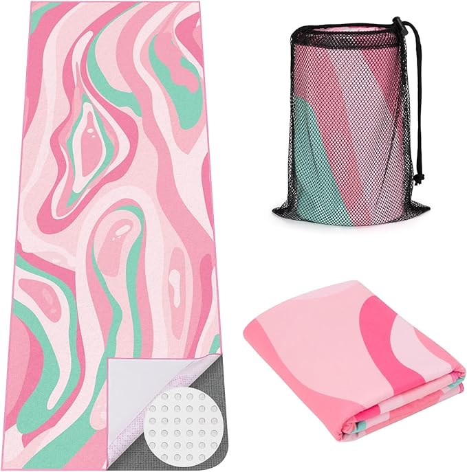 Yoga Mat Towel Cover with Large Corner Pockets, Non Slip Grip Microfiber Mat Cover Mat for Hot Yoga, Pilates and Gym Workout, 70" L x 26" W, Pink