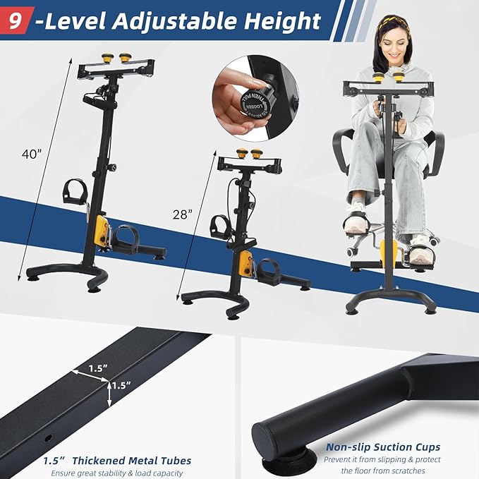 Pedal Exerciser for Elderly, Hand Arm Leg and Knee Exercise Bike, Adjustable Fitness Equipment for Total Body, Home Pedal Exercise Bike w/ Handgrip, Resistance Band, Non-Slip Suction Cup