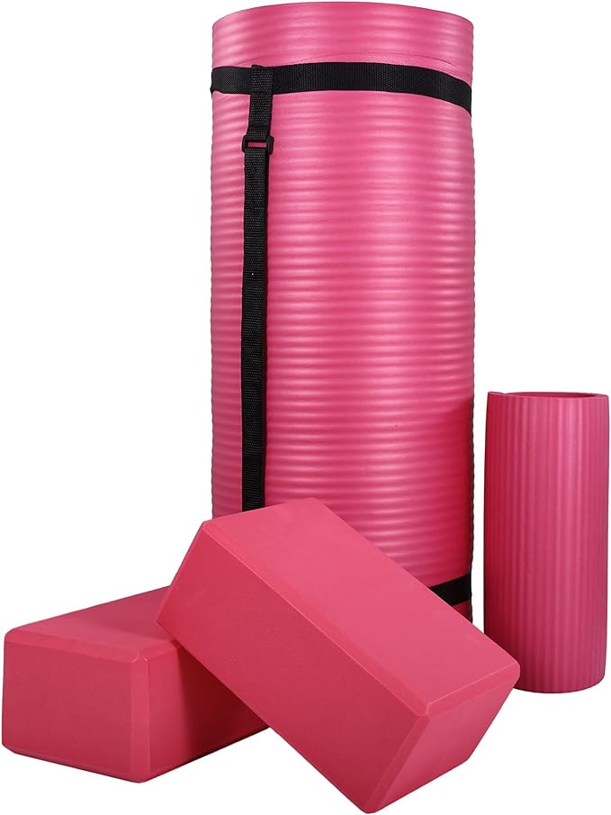 BalanceFrom 71x24 Inches Yoga Mat with Knee Pad and Optional Blocks – Extra 1-Inch Thick Non-Slip Foam with Anti-Tear Surface and Carrying Strap for Home, Studio, or Gym Workouts