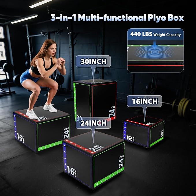 3 in 1 Plyo Box,High Density EPE Core and Non-Slip & Easy to Clean PVC Leather Cover,Exercise Box Home Gym Workout Trainer for Plyometric Jump Training,HIIT Workouts and Lower Body Strength