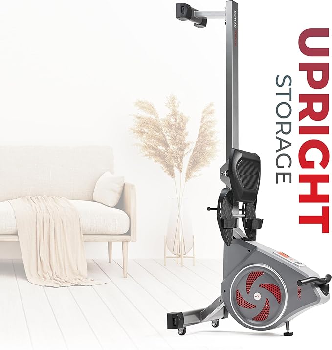 Sunny Health & Fitness Air Strive Smart Rower, Full-Body Training Rowing Machine with Spacious Inseam, Flip-Up Design for Home Gym, Free SunnyFit App Connection, Optional Dual Resistance