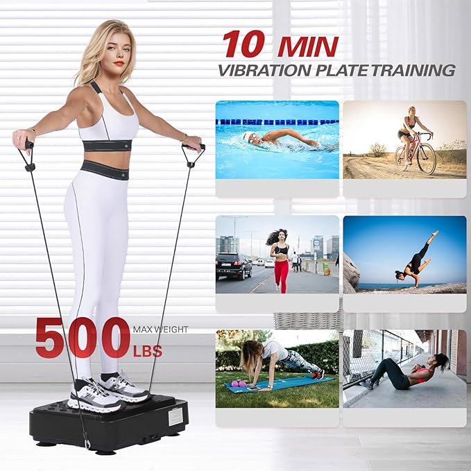 Whole Body Vibration Shake Plate Exercise Machine, 10 Modes Power Plate Vibration Platform with Resistance Bands for Full Body Workout, 500lbs Capacity