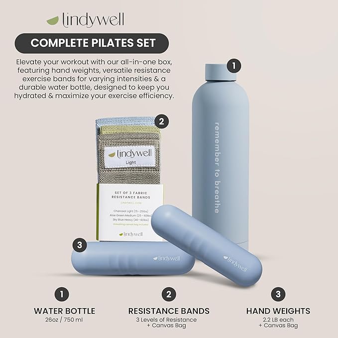 Lindywell Home Pilates Equipment -3 Colors Fabric Resistance Bands, Insulated Stainless Steel Water Bottle, 2LB Hand Weights - Complete Women & Men Exercise Workout Kit for Training & Hydration