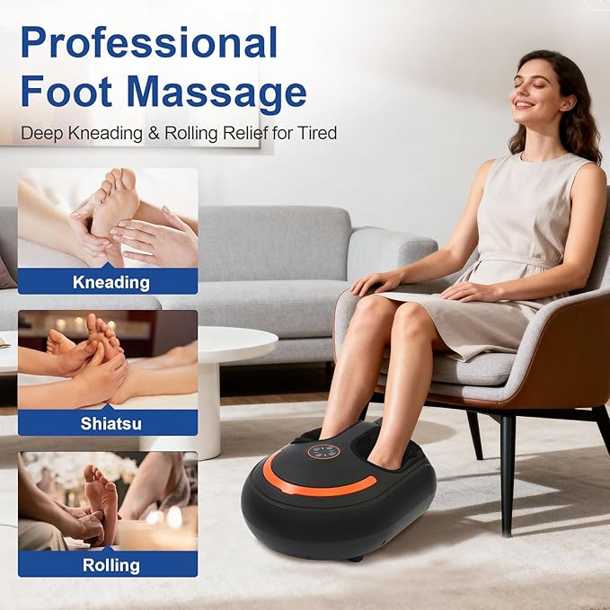 Shiatsu Foot Massager, Electric Feet Massage Machine, Deep Kneading Relief for Plantar Fasciitis, Air Compression, 3 Heat Levels, Relax for Home Office Use, for Women Mom Dad Black