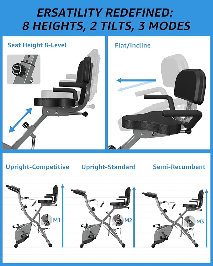 Indoor Exercise Bike for Seniors, 5 IN 1 Foldable Stationary Bike with 16-Level Magnetic Resistance and Tri-Position Ride, 330LBS Capacity, 6.6 LBS Flywheel, for Home Workout 818 Gray