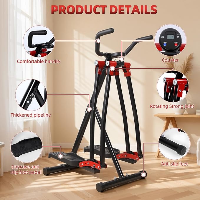 Space Walker Exercise Machine - Air Walker Elliptical Trainer Foldable Low-Impact Cardio Trainer with LCD Monitor, Extended Stride & Non-Slip Pedals for Home Gym