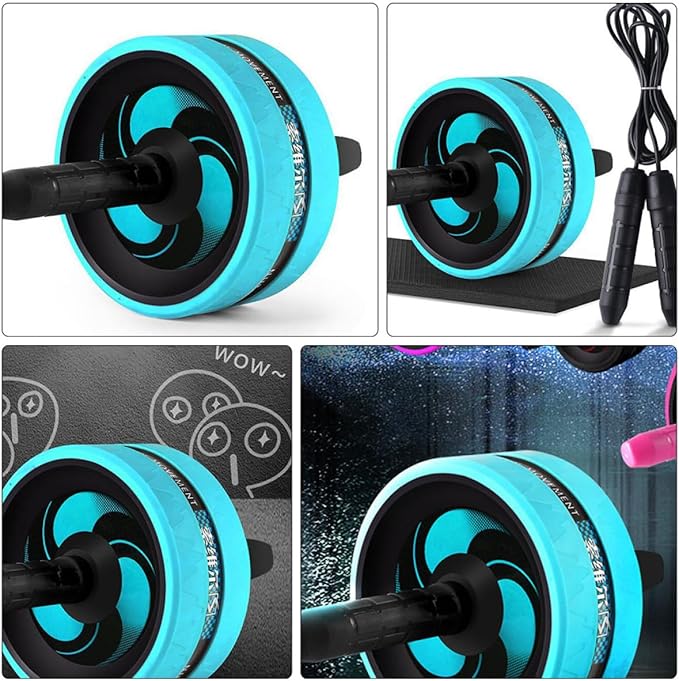 Ab Roller Wheel with Knee Pad and Jump Rope, Blue Silent Fitness Wheel for Home Abdominal Exercise and Core Strength Training