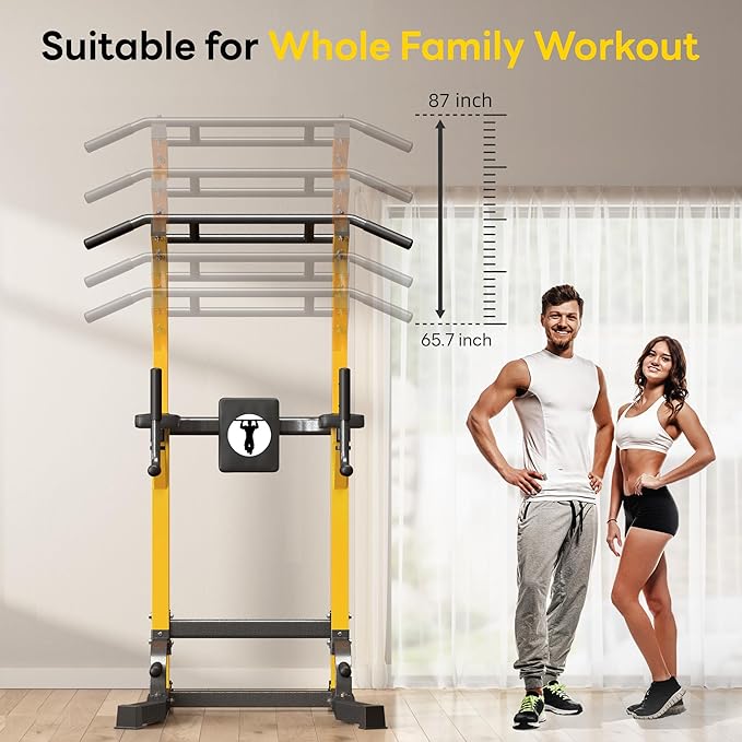 Pull Up Bar Station, 10-Level Height Adjustable Wall Mounted Home Gym, 330 lbs Capacity with Dip Bars & Push Up Handles, for Chin Up, Dips, Leg Raise (Black/Red/Yellow)