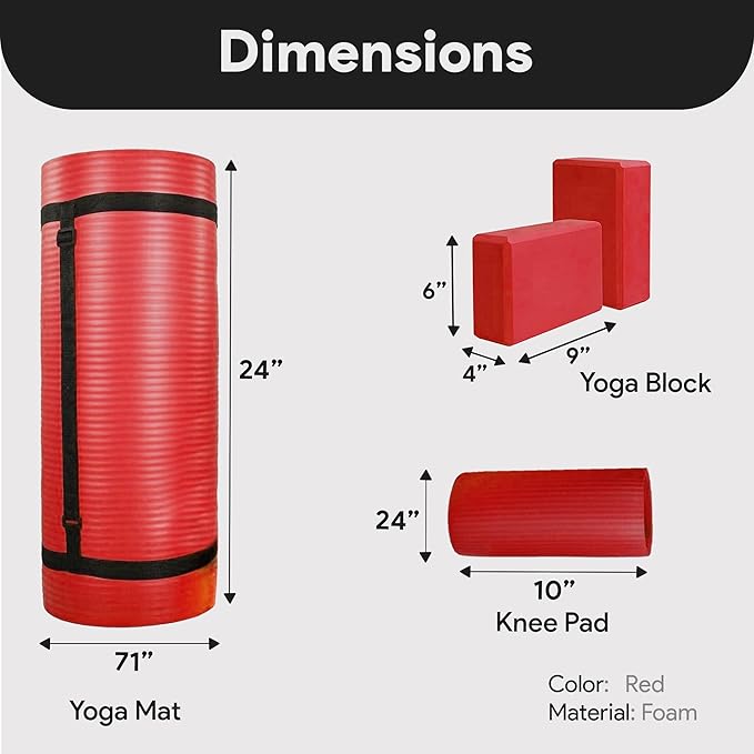 BalanceFrom 71x24 Inches Yoga Mat with Knee Pad and Optional Blocks – Extra 1-Inch Thick Non-Slip Foam with Anti-Tear Surface and Carrying Strap for Home, Studio, or Gym Workouts